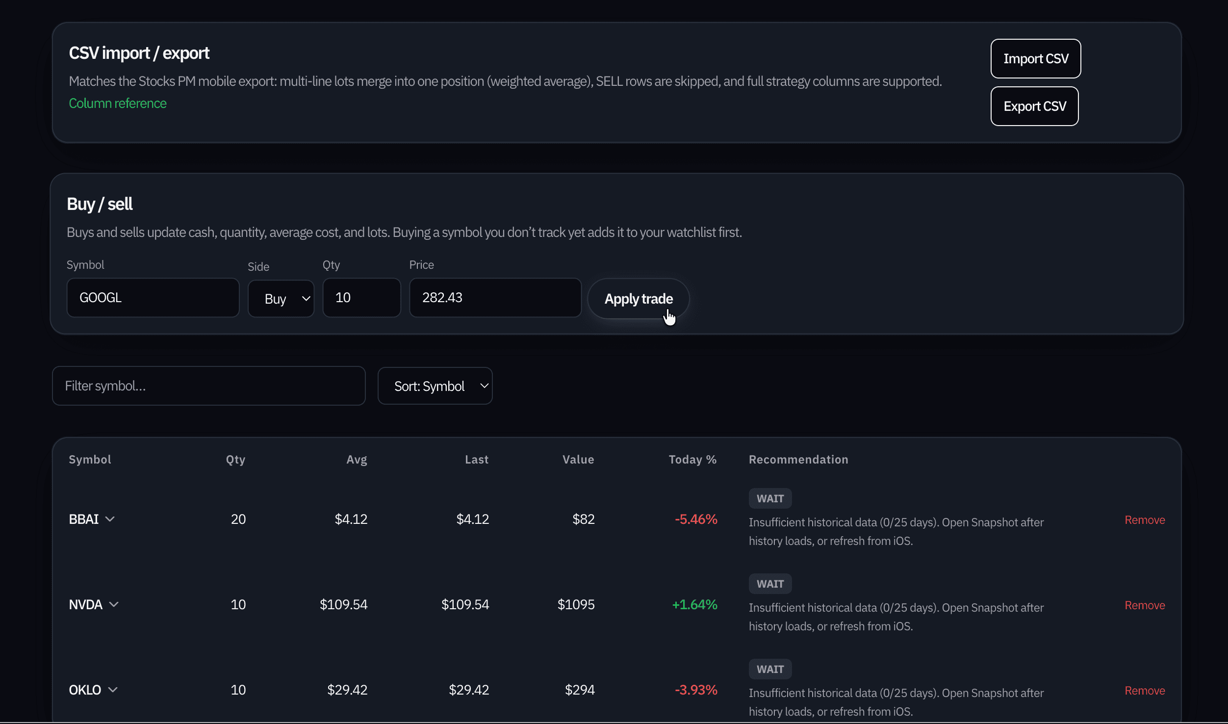 Portfolio screen with positions, trades, and import options.
